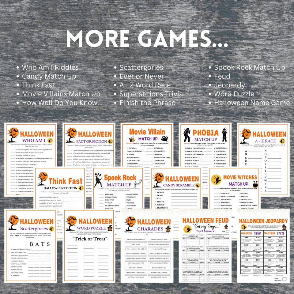 Halloween Games Bundle: 60-Game Super Pack - Printable Party Fun for Kids & Adults with Trivia, Riddles & More!