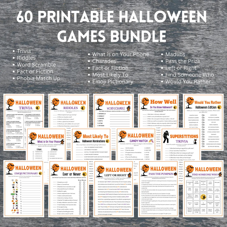Halloween Games Bundle: 60-Game Super Pack - Printable Party Fun for Kids & Adults with Trivia, Riddles & More!