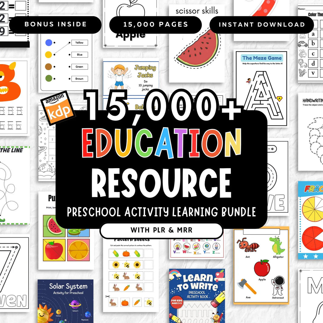 Kids Learning & Classroom Activities Bundle: 15000+ Worksheets for Teachers & Parents | PLR, MRR, DFY Rights