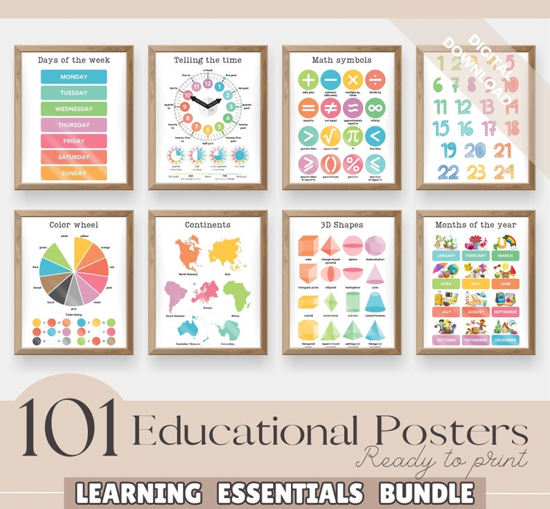 Set of 101 Colorful Educational Posters for Homeschool and Classroom Learning – Learning Posters for Alphabet and More