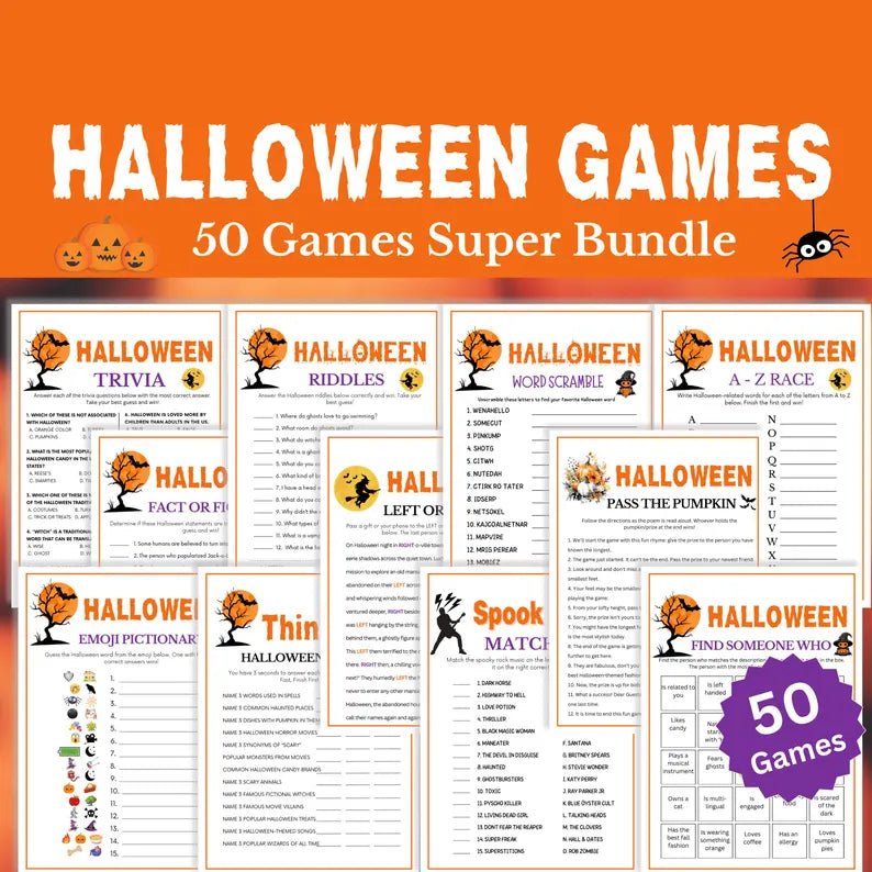 Halloween Games Bundle: 60-Game Super Pack - Printable Party Fun for Kids & Adults with Trivia, Riddles & More!